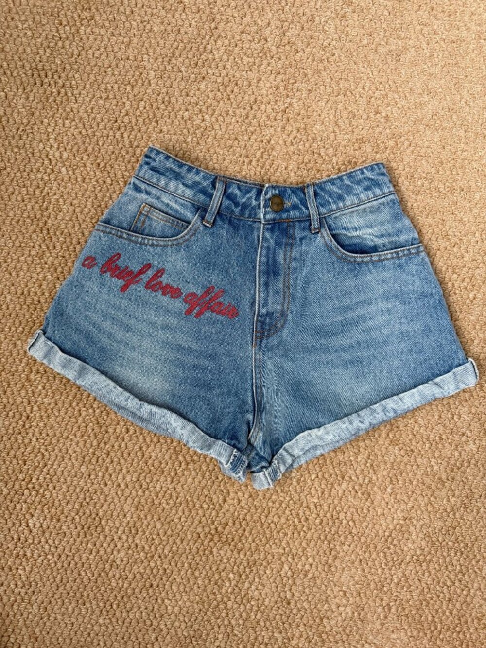 Y2K High Rise Denim Shorts Red Script XS NWT